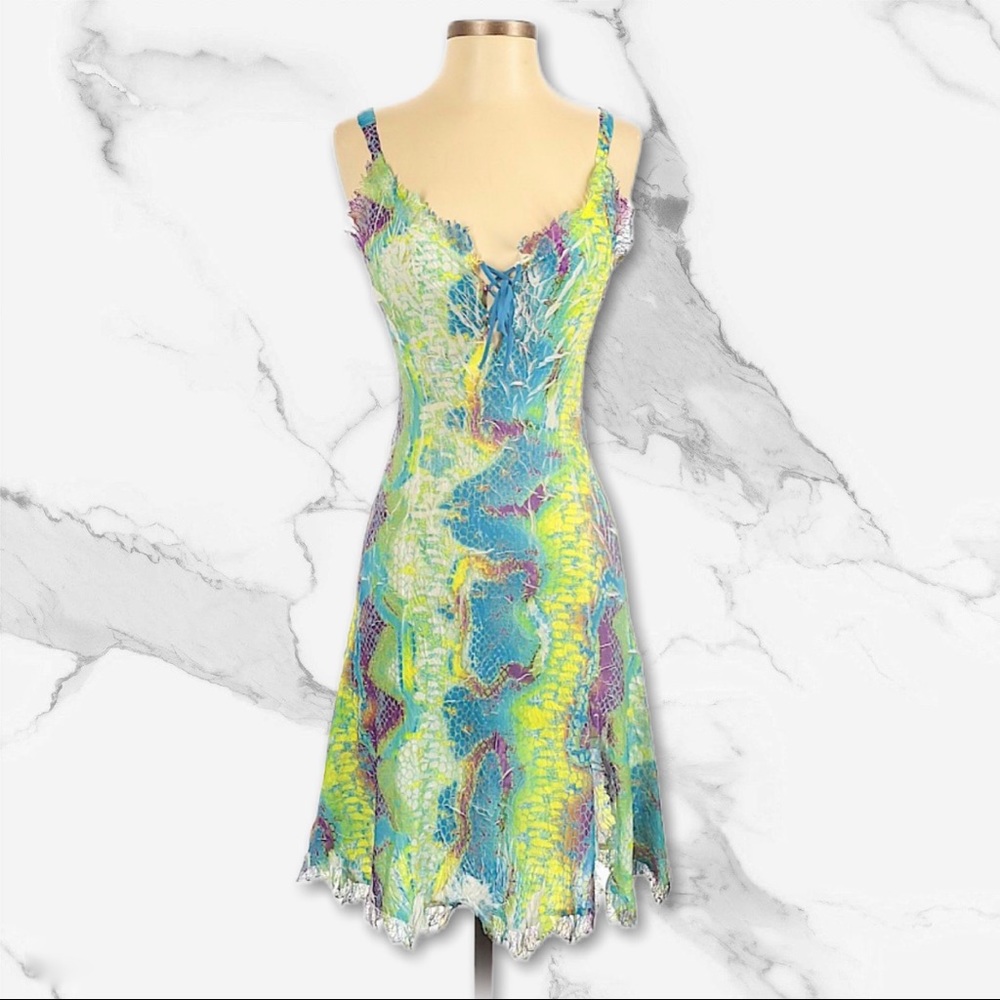 KOMAROV Frayed Fringe Snakeskin Cocktail Dress